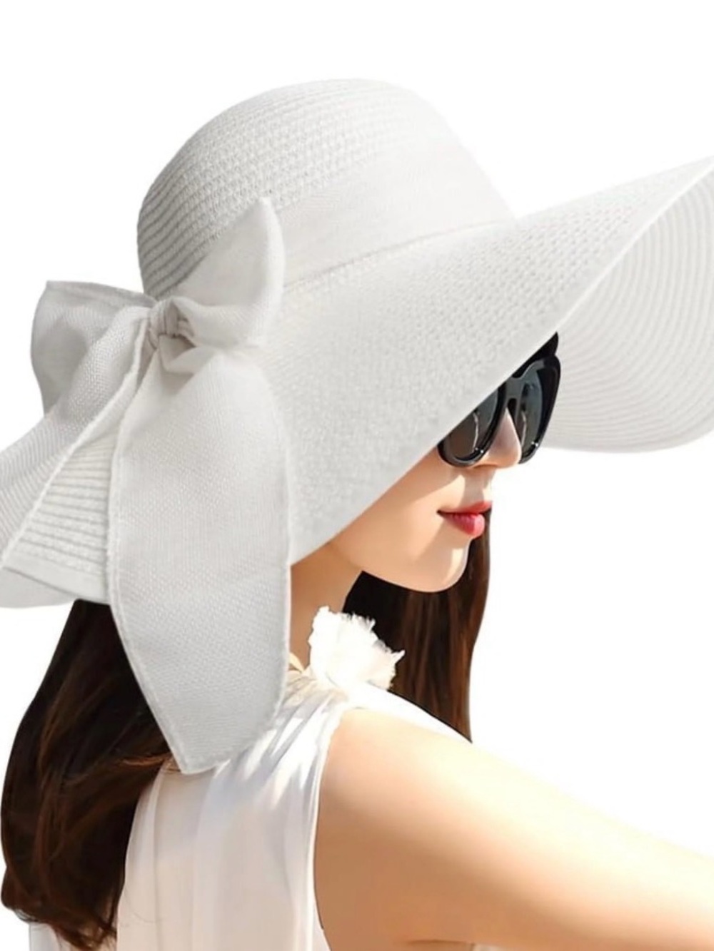 Women's Wide Brim Sun Hat with Bow - White